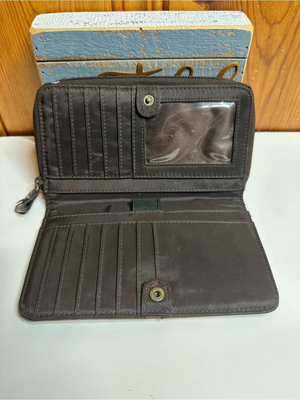 Liz Claiborne Dark Brown Leather Zip Wallet with Front Slip Pocket